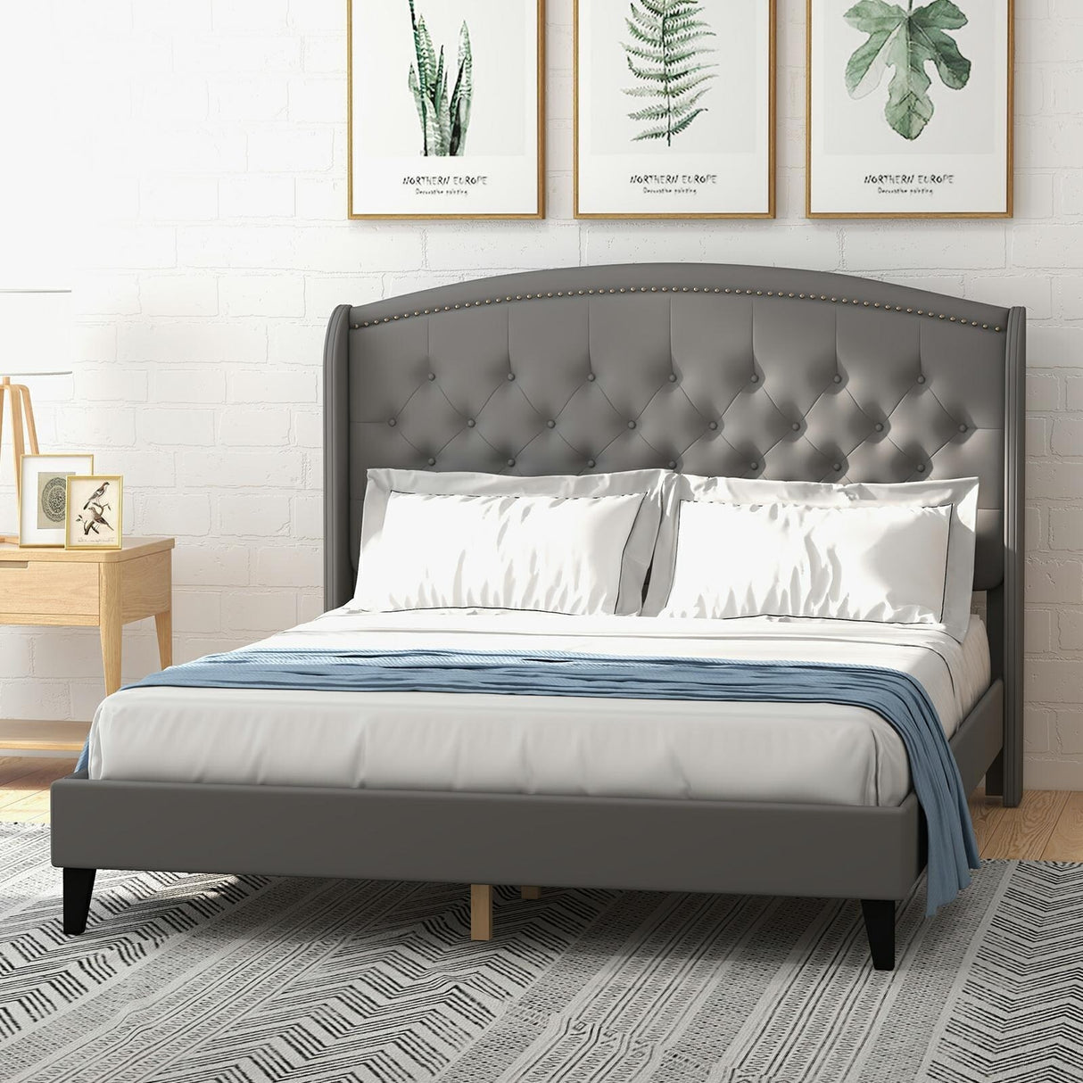 Upholsted Bed Frame with Wingback Headboard, King Size
