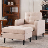 Upholstered Armchair and Storage Ottoman Set, Comfortable Single Sofa with Cup Holders and Tufted Detailing for Living Room