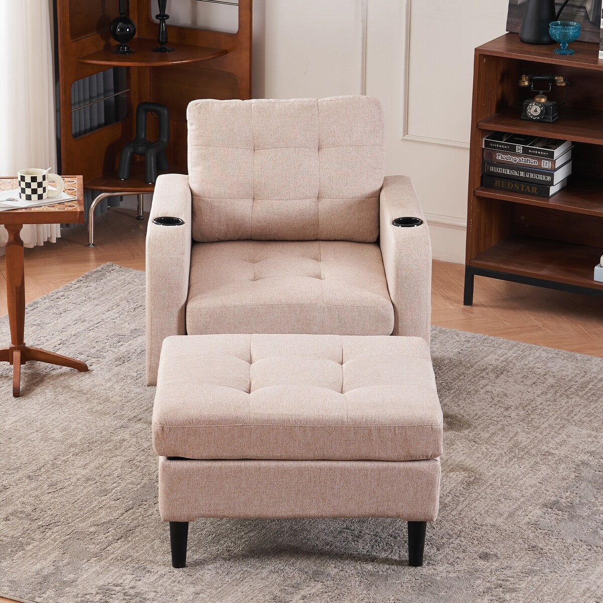 Upholstered Armchair and Storage Ottoman Set, Comfortable Single Sofa with Cup Holders and Tufted Detailing for Living Room