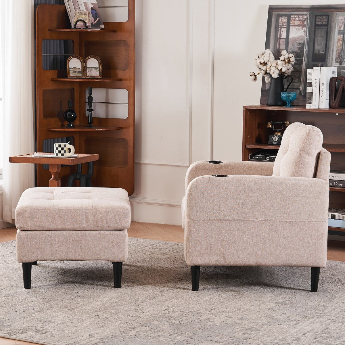 Upholstered Armchair and Storage Ottoman Set, Comfortable Single Sofa with Cup Holders and Tufted Detailing for Living Room