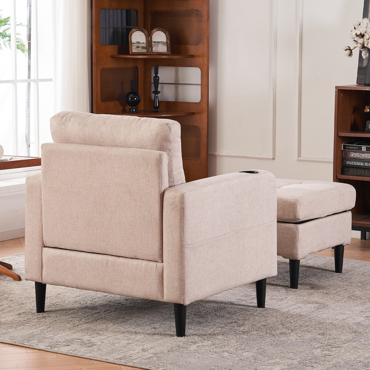 Upholstered Armchair and Storage Ottoman Set, Comfortable Single Sofa with Cup Holders and Tufted Detailing for Living Room
