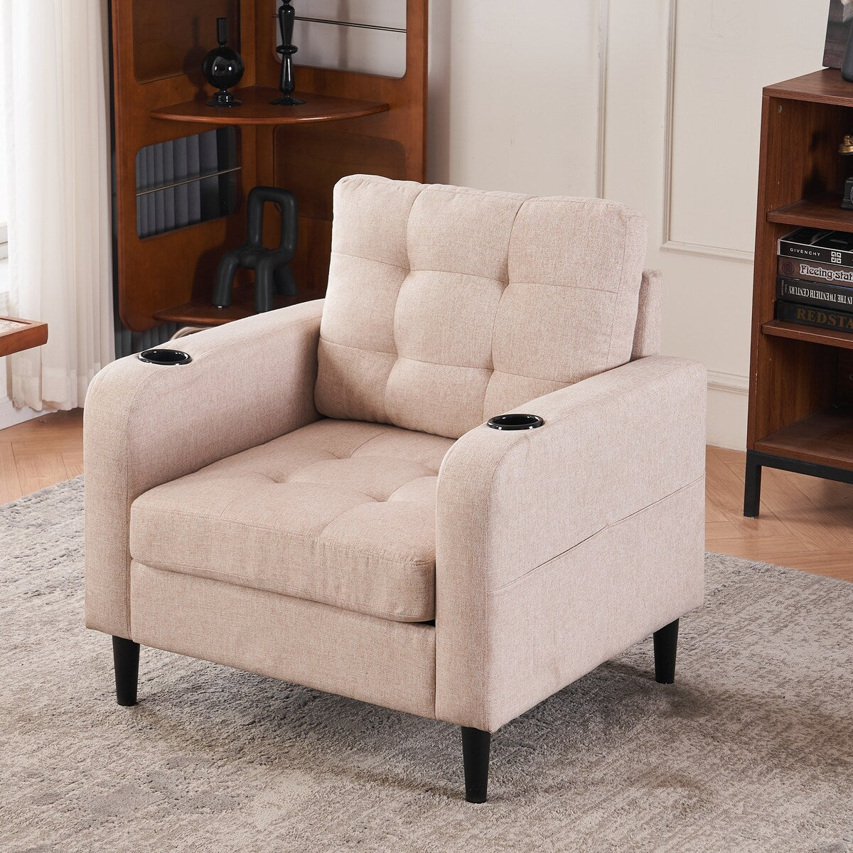 Upholstered Armchair and Storage Ottoman Set, Comfortable Single Sofa with Cup Holders and Tufted Detailing for Living Room