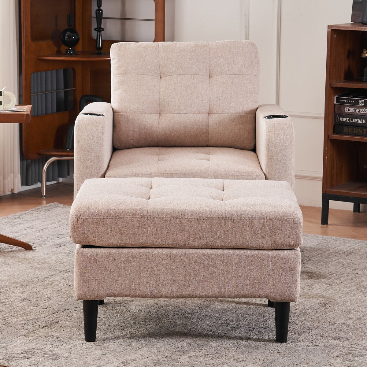 Upholstered Armchair and Storage Ottoman Set, Comfortable Single Sofa with Cup Holders and Tufted Detailing for Living Room