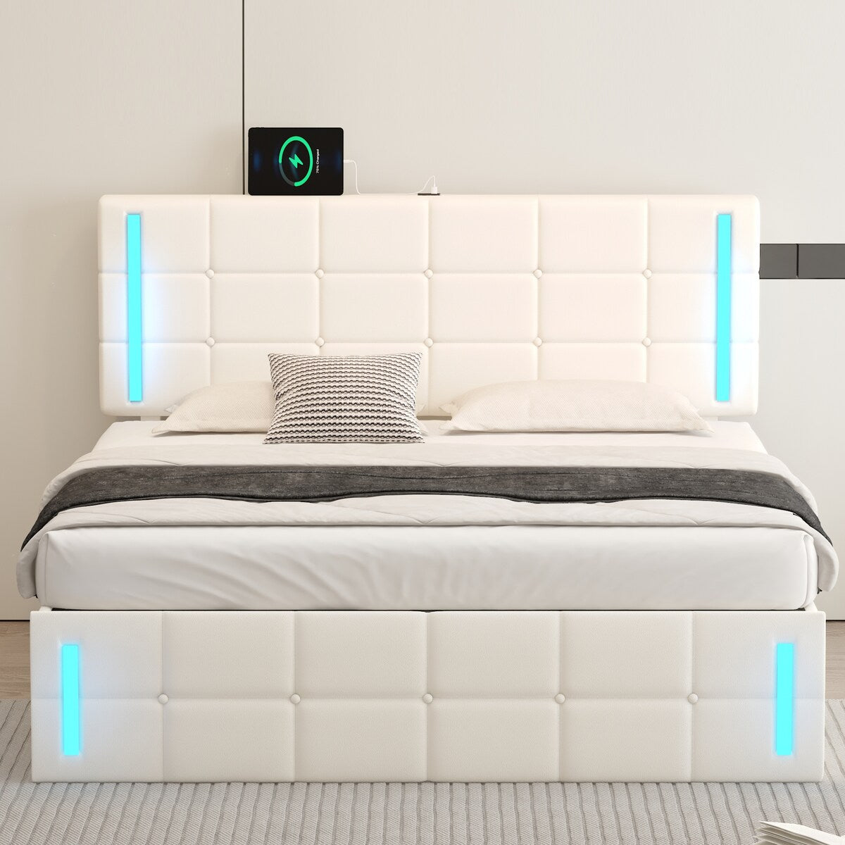 Upholstered Bed with Hydraulic Storage System and USB Charging Station