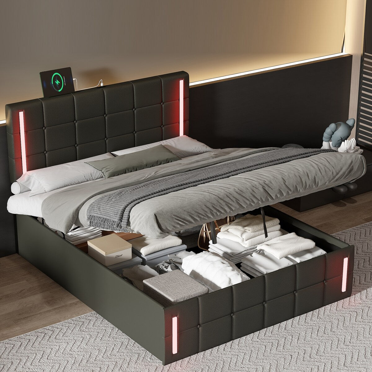 Upholstered Bed with Hydraulic Storage System and USB Charging Station