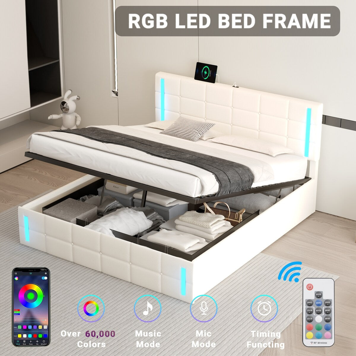 Upholstered Bed with Hydraulic Storage System and USB Charging Station