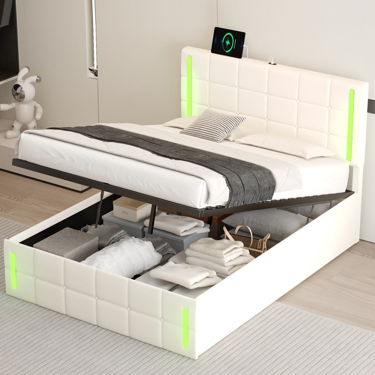 Upholstered Bed with Hydraulic Storage System and USB Charging Station