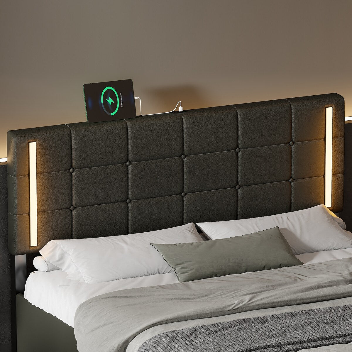 Upholstered Bed with Hydraulic Storage System and USB Charging Station