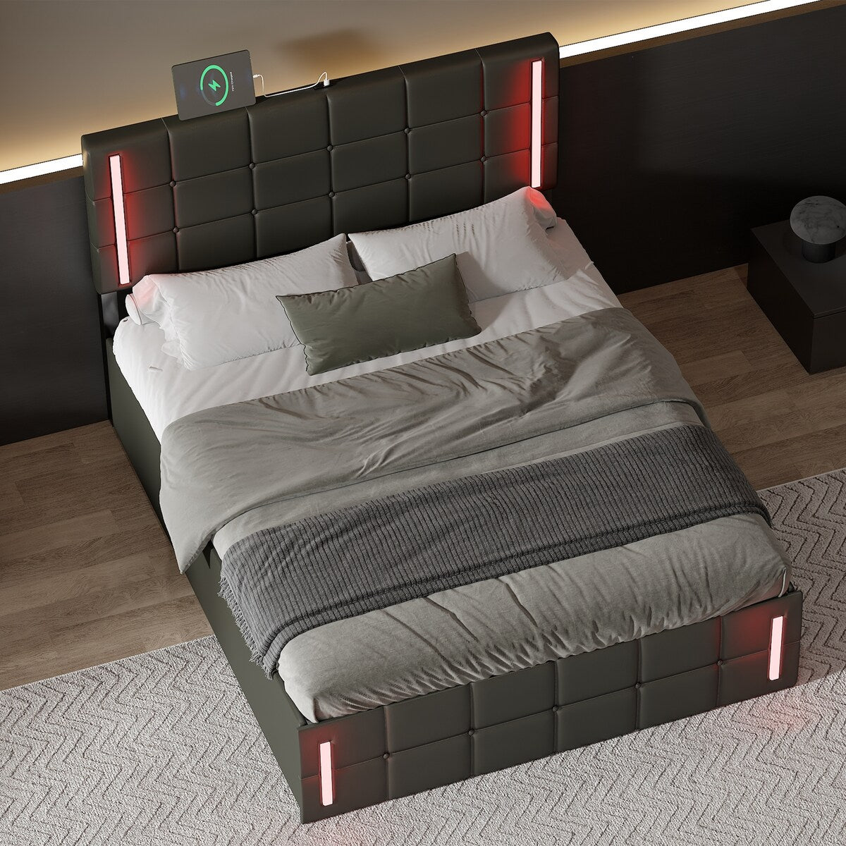 Upholstered Bed with Hydraulic Storage System and USB Charging Station