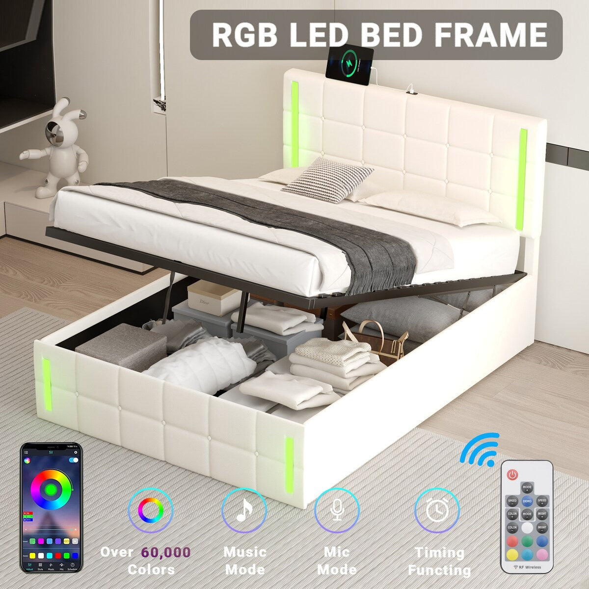 Upholstered Bed with Hydraulic Storage System and USB Charging Station