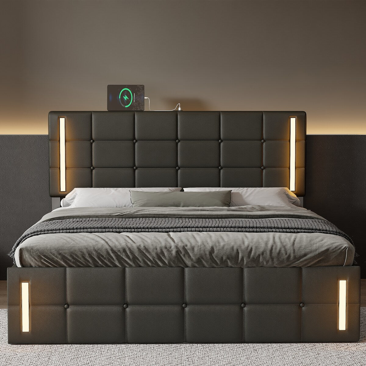 Upholstered Bed with Hydraulic Storage System and USB Charging Station