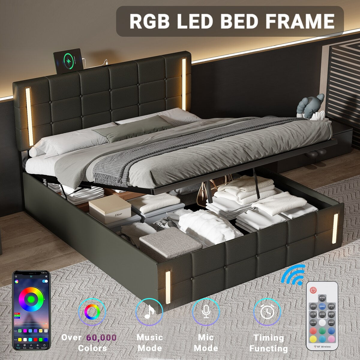 Upholstered Bed with Hydraulic Storage System and USB Charging Station