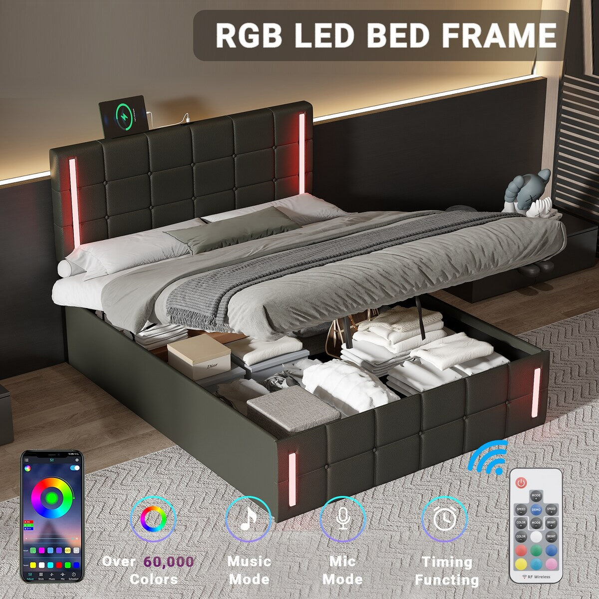 Upholstered Bed with Hydraulic Storage System and USB Charging Station
