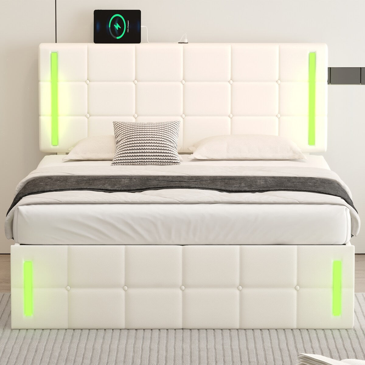Upholstered Bed with Hydraulic Storage System and USB Charging Station