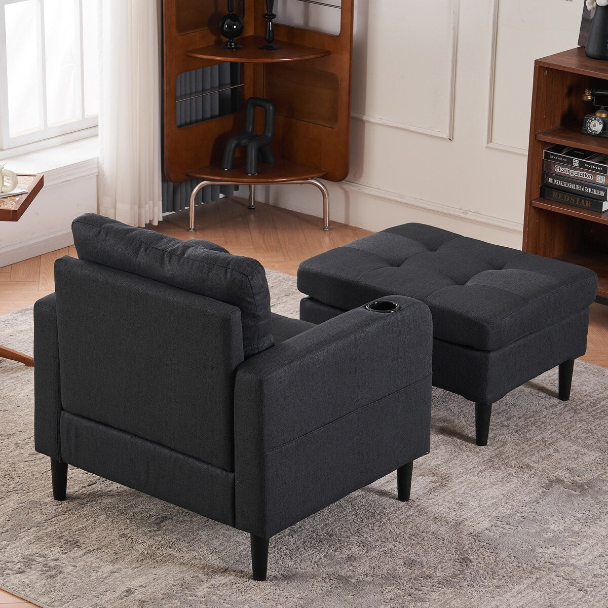 Upholstered Comfortable Single Sofa Chair Armchair And Storage Ottoman Set With Cup Holders And Tufted Detailing
