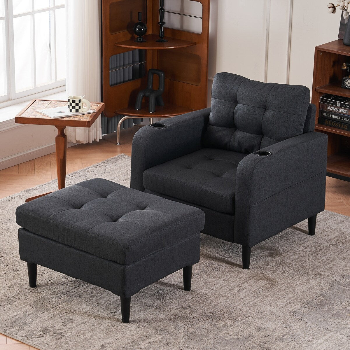 Upholstered Comfortable Single Sofa Chair Armchair And Storage Ottoman Set With Cup Holders And Tufted Detailing
