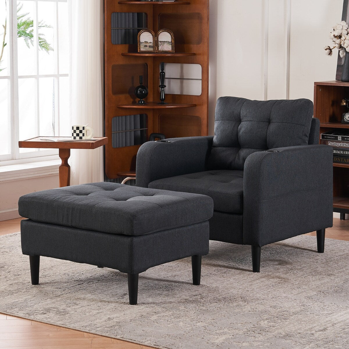 Upholstered Comfortable Single Sofa Chair Armchair And Storage Ottoman Set With Cup Holders And Tufted Detailing