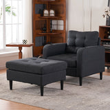 Upholstered Comfortable Single Sofa Chair Armchair And Storage Ottoman Set With Cup Holders And Tufted Detailing
