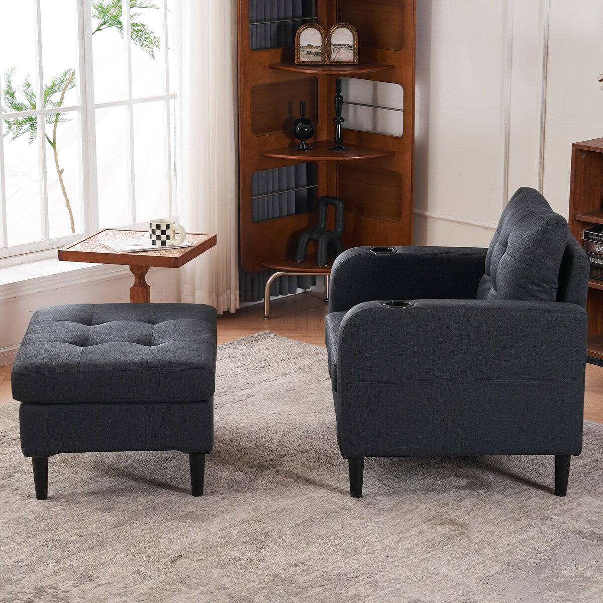 Upholstered Comfortable Single Sofa Chair Armchair And Storage Ottoman Set With Cup Holders And Tufted Detailing