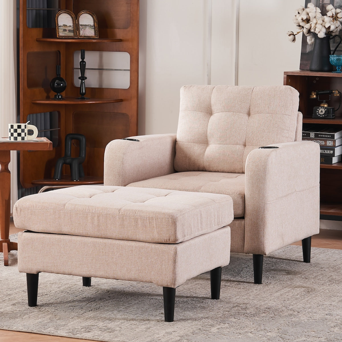 Upholstered Comfortable Single Sofa Chair Armchair And Storage Ottoman Set With Cup Holders And Tufted Detailing