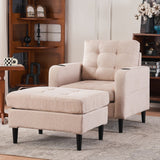 Upholstered Comfortable Single Sofa Chair Armchair And Storage Ottoman Set With Cup Holders And Tufted Detailing