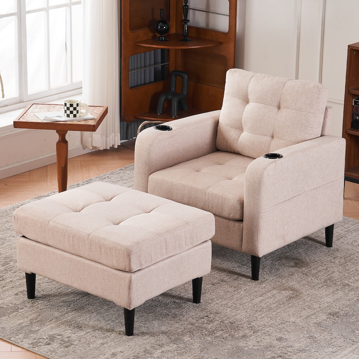 Upholstered Comfortable Single Sofa Chair Armchair And Storage Ottoman Set With Cup Holders And Tufted Detailing
