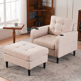 Upholstered Comfortable Single Sofa Chair Armchair And Storage Ottoman Set With Cup Holders And Tufted Detailing