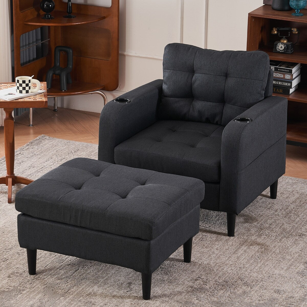 Upholstered Comfortable Single Sofa Chair Armchair And Storage Ottoman Set With Cup Holders And Tufted Detailing