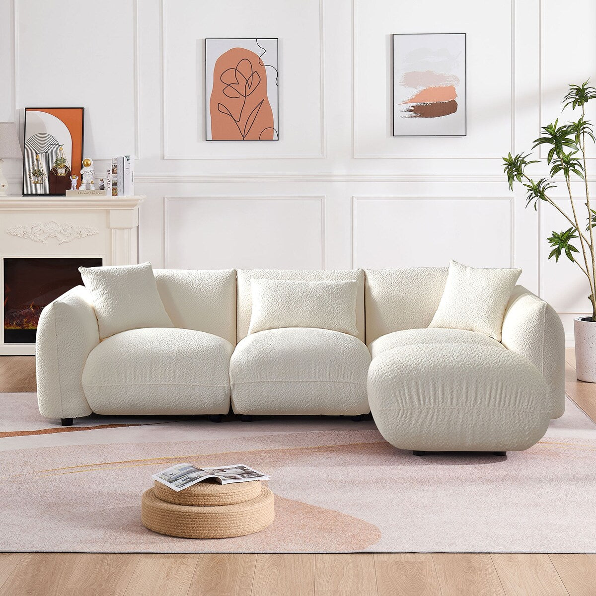 Upholstered Comfortable Soft Lamb Down White Sectional Sofa Couch with Ottoman