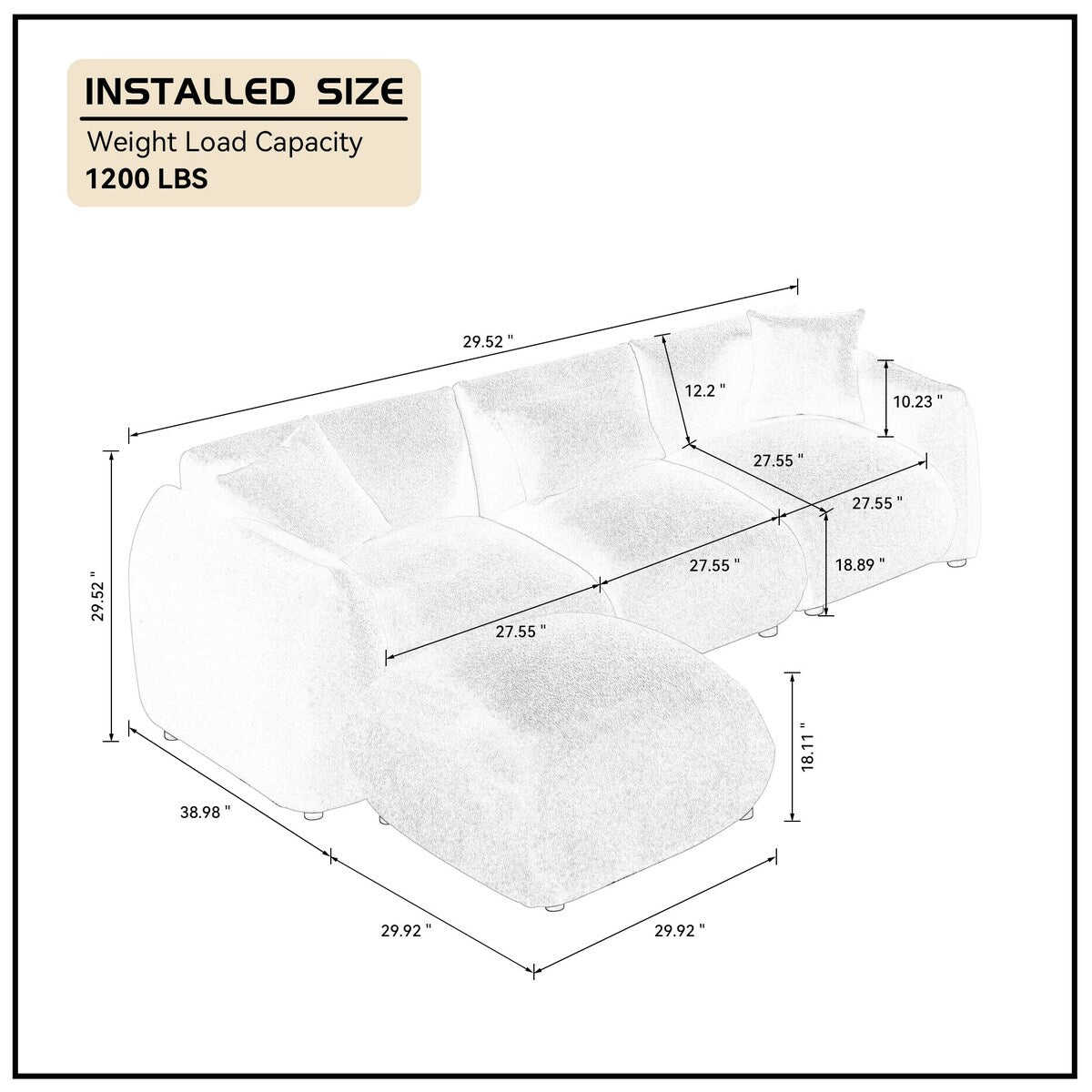 Upholstered Comfortable Soft Lamb Down White Sectional Sofa Couch with Ottoman