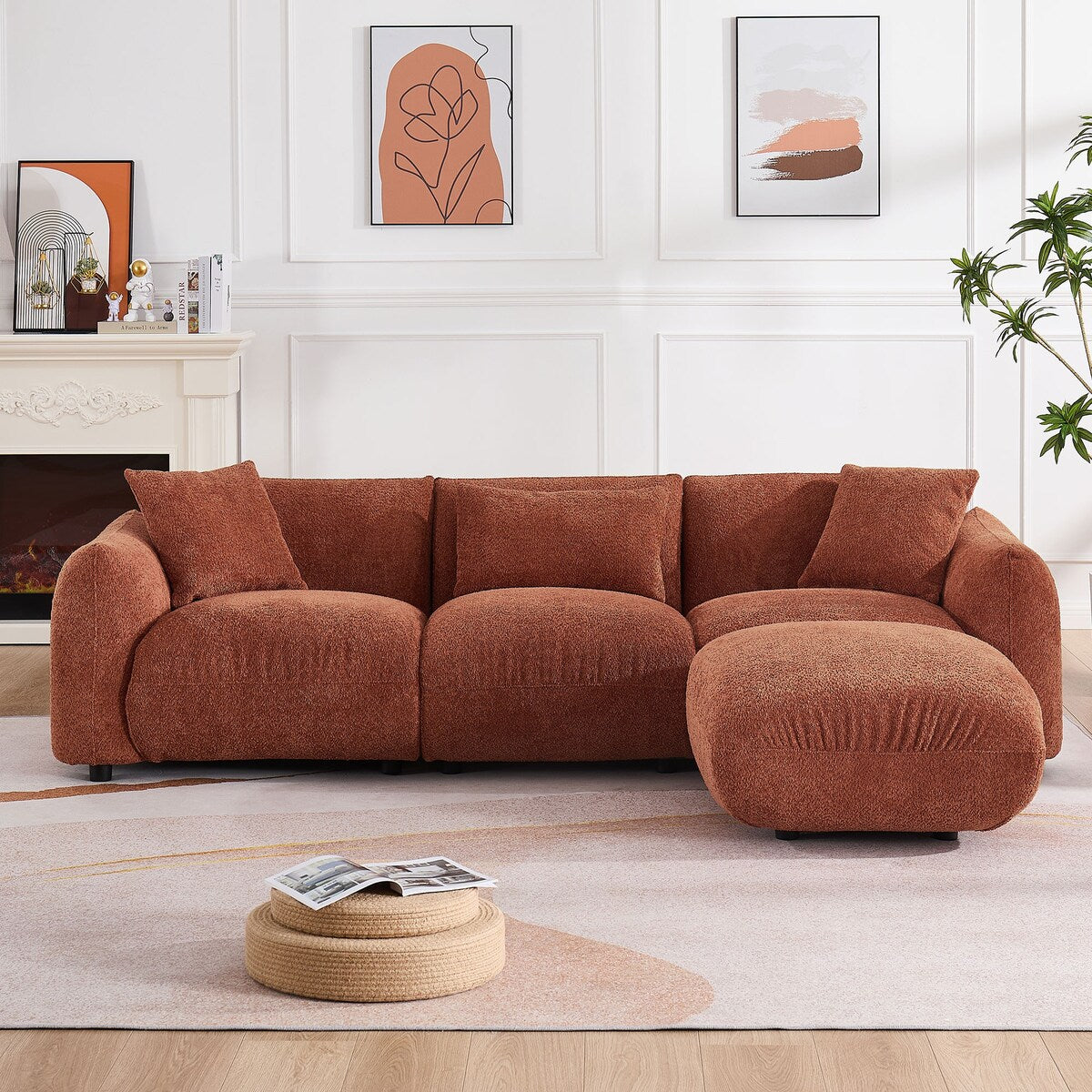 Upholstered Comfortable Soft Lamb Down White Sectional Sofa Couch with Ottoman
