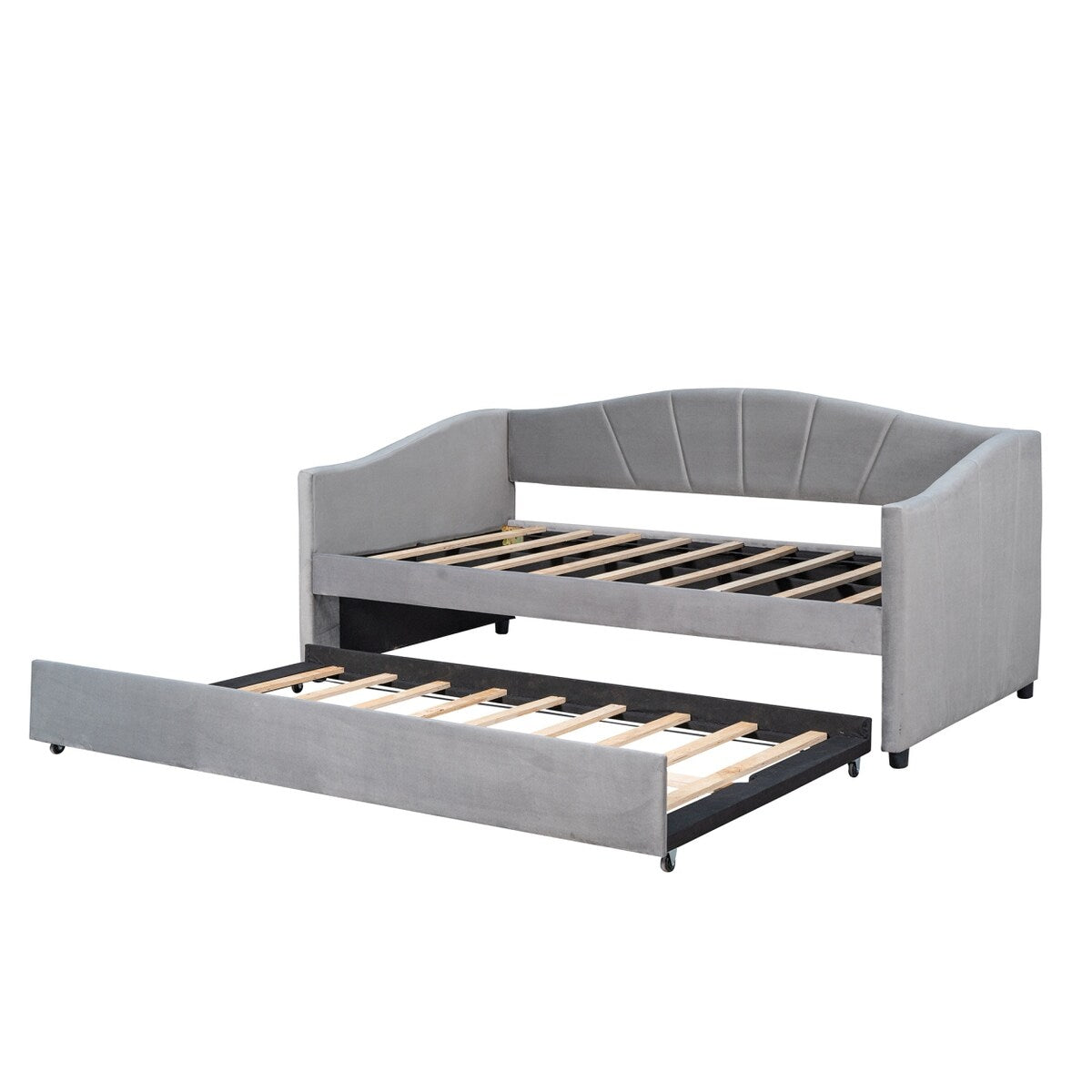 Upholstered Daybed Sofa Bed Twin Size With Trundle Bed and Wood Slat, Gray