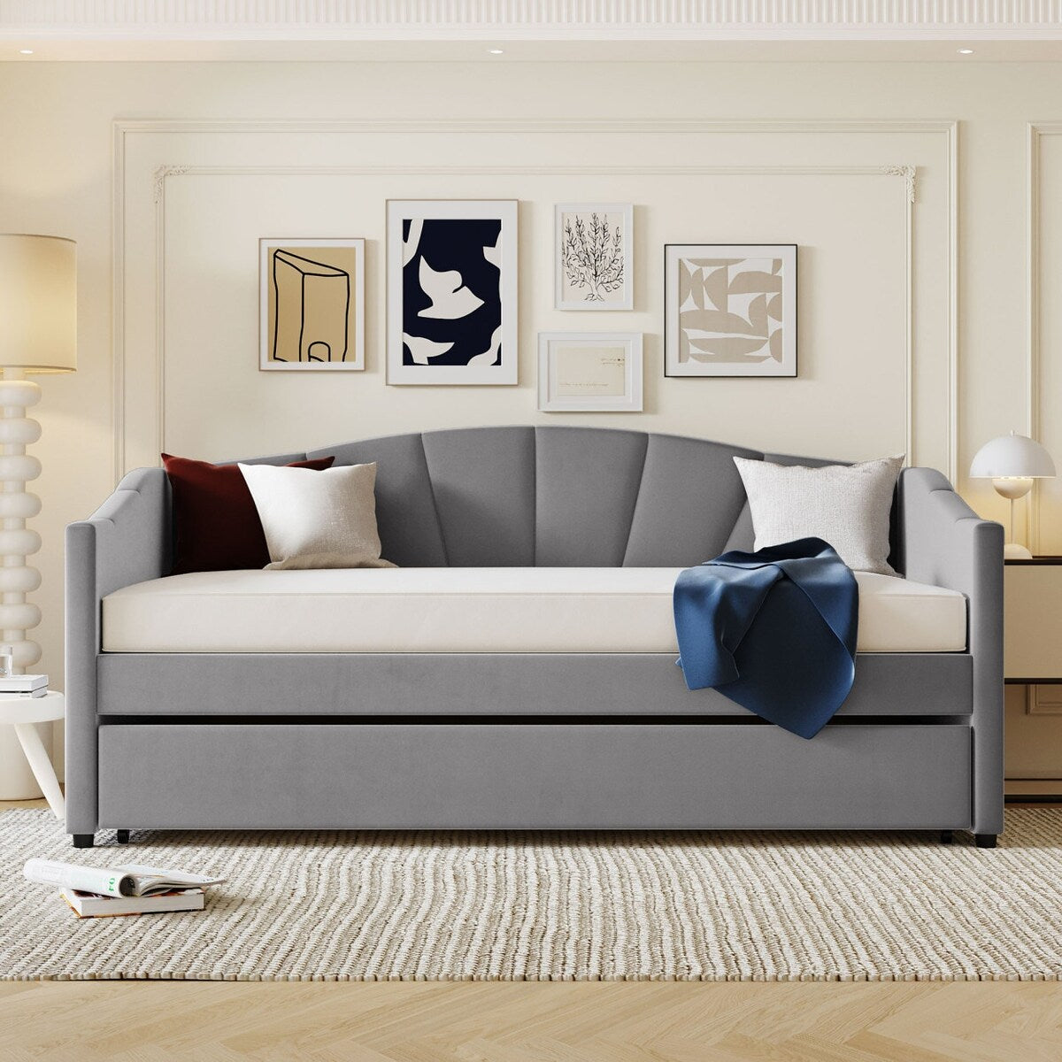 Upholstered Daybed Sofa Bed Twin Size With Trundle Bed and Wood Slat, Gray