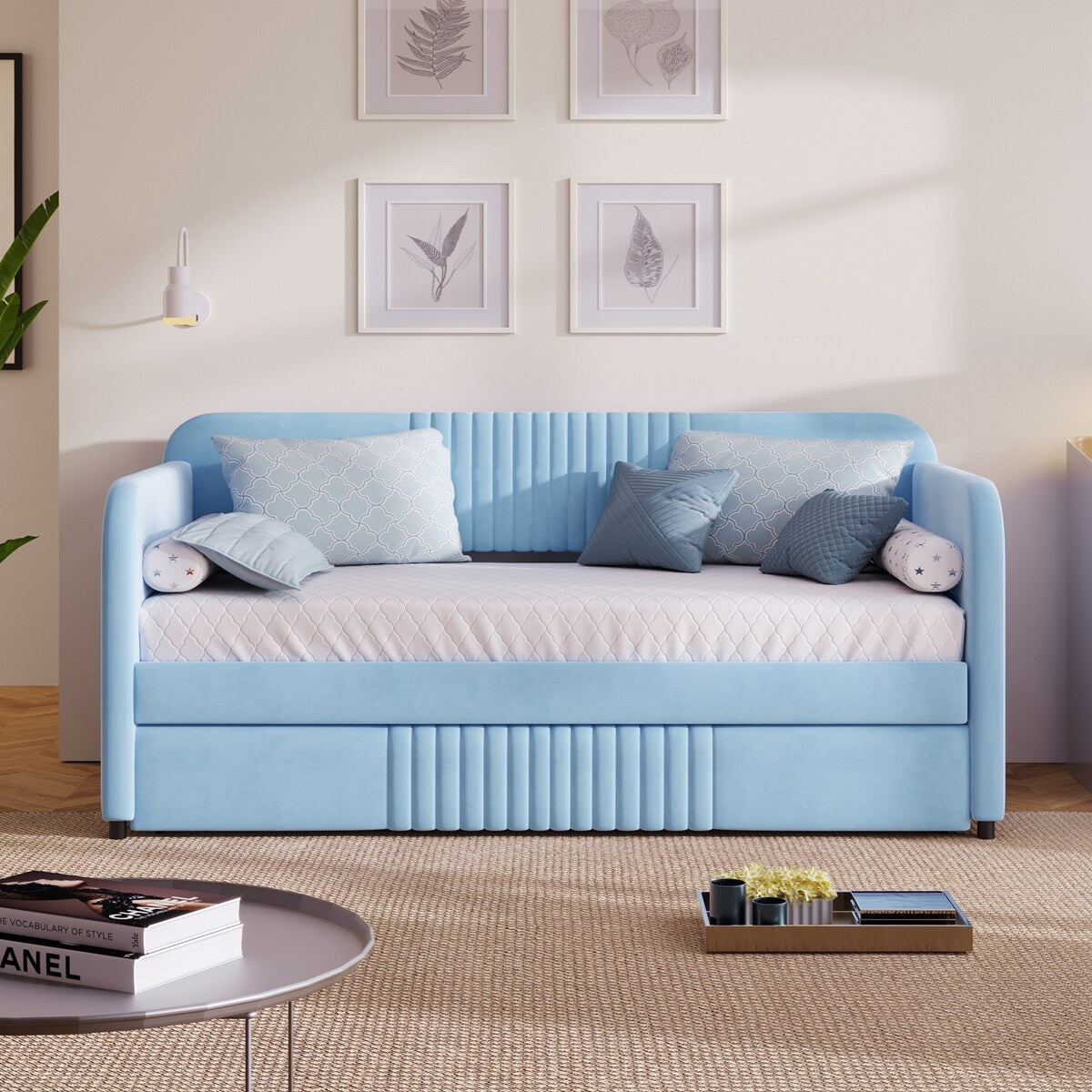 Upholstered Daybed Sofa Bed Twin Size With Trundle Bed and Wood Slat