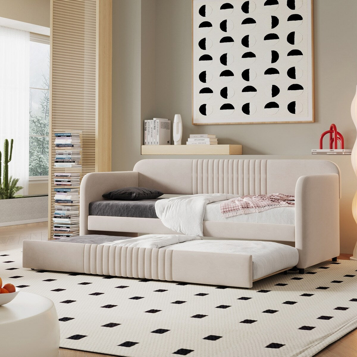 Upholstered Daybed Sofa Bed Twin Size With Trundle Bed and Wood Slat