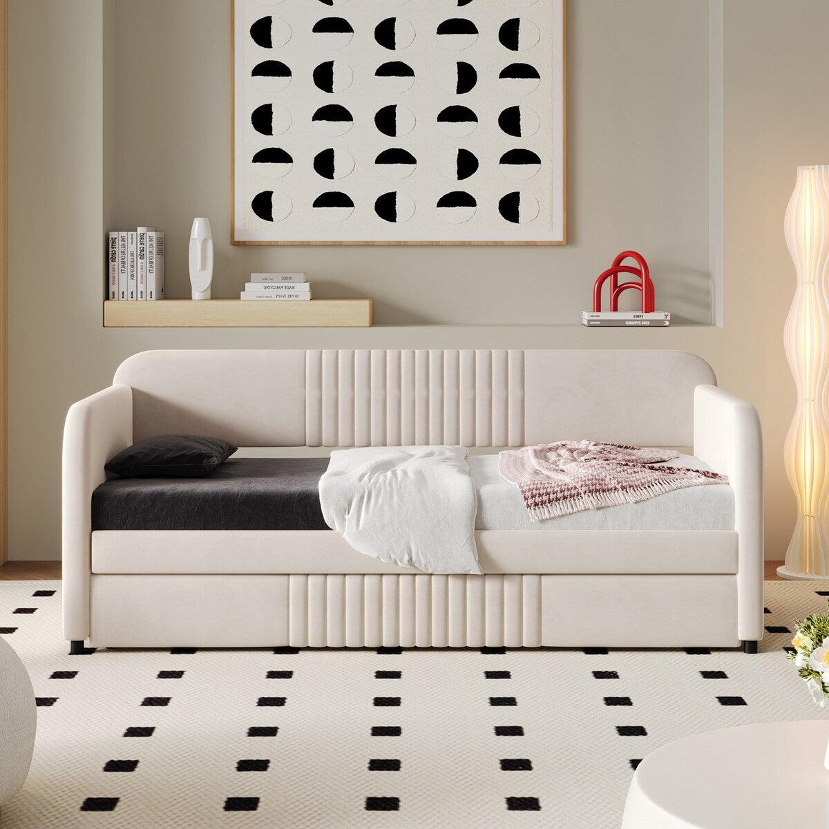 Upholstered Daybed Sofa Bed Twin Size With Trundle Bed and Wood Slat