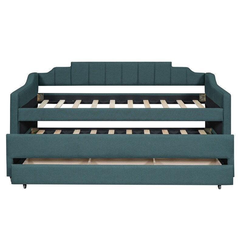 Upholstered Daybed Twin Size Bedroom Bed with Trundle and Three Drawers, Green