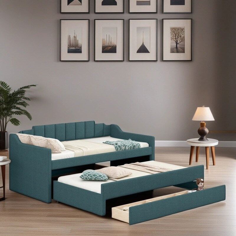 Upholstered Daybed Twin Size Bedroom Bed with Trundle and Three Drawers, Green