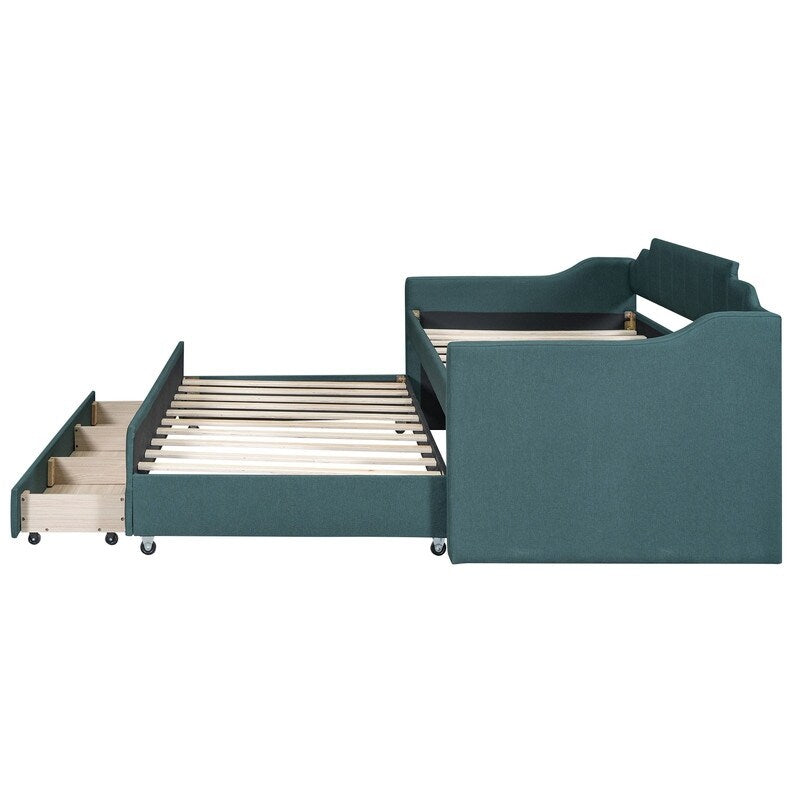 Upholstered Daybed Twin Size Bedroom Bed with Trundle and Three Drawers, Green