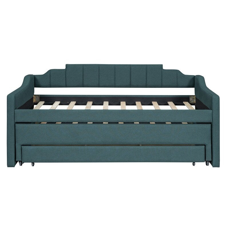 Upholstered Daybed Twin Size Bedroom Bed with Trundle and Three Drawers, Green
