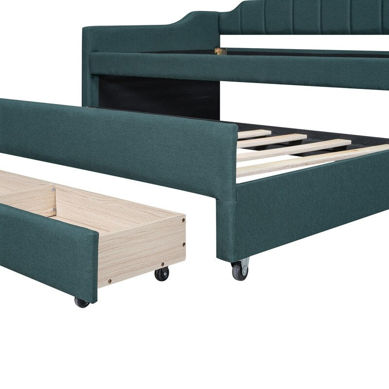 Upholstered Daybed Twin Size Bedroom Bed with Trundle and Three Drawers, Green