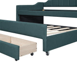 Upholstered Daybed Twin Size Bedroom Bed with Trundle and Three Drawers, Green