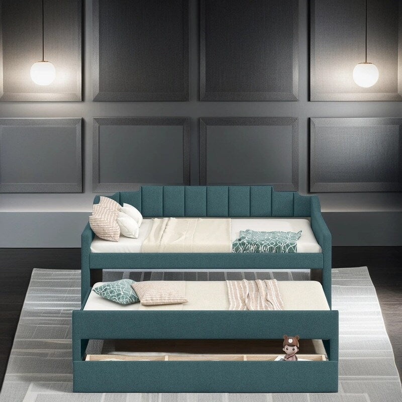 Upholstered Daybed Twin Size Bedroom Bed with Trundle and Three Drawers, Green