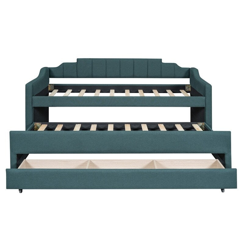 Upholstered Daybed Twin Size Bedroom Bed with Trundle and Three Drawers, Green