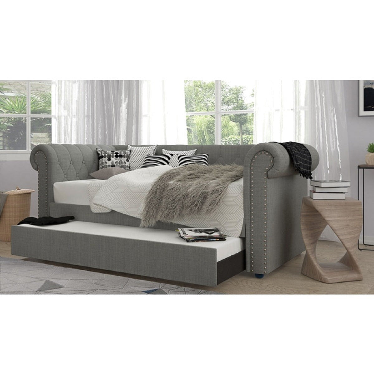 Upholstered Daybed w/ Trundle, Tufted Rolled Arm Livingroom Sofa Bed