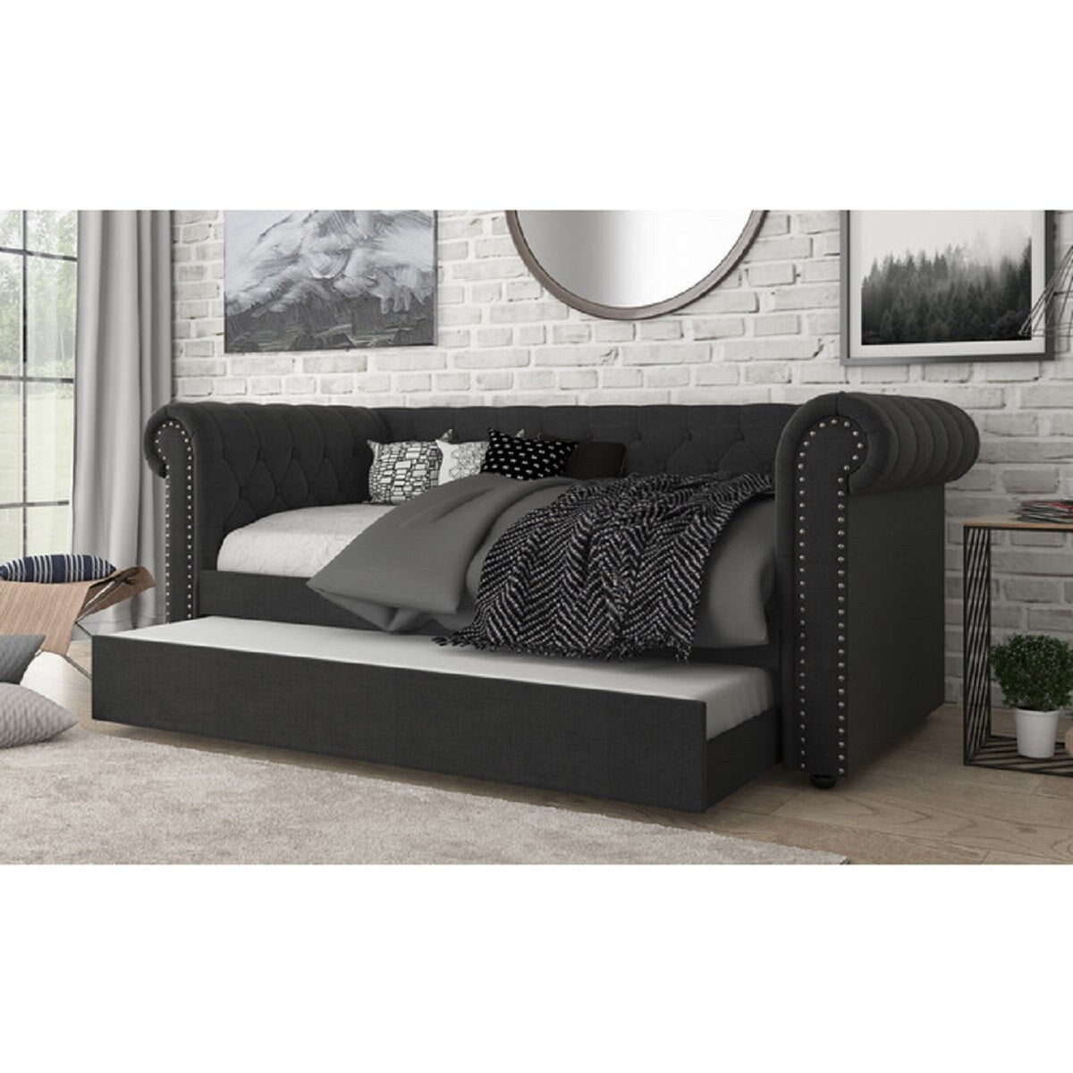 Upholstered Daybed w/ Trundle, Tufted Rolled Arm Livingroom Sofa Bed