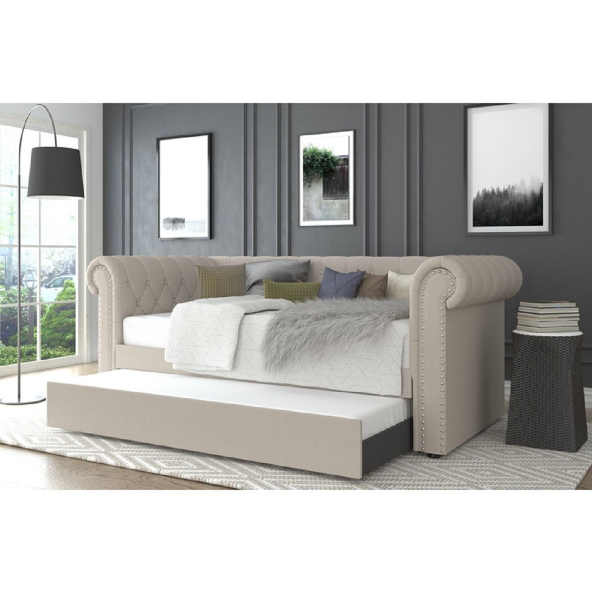 Upholstered Daybed w/ Trundle, Tufted Rolled Arm Livingroom Sofa Bed