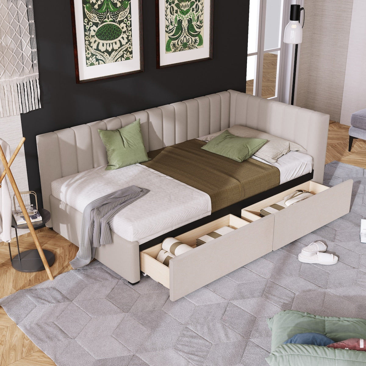 Upholstered Daybed with 2 Storage Drawers Twin Size Sofa Bed Frame No Box Spring Needed, Linen Fabric