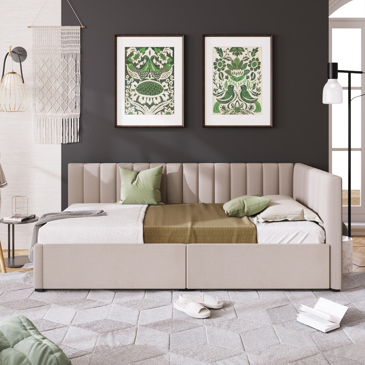 Upholstered Daybed with 2 Storage Drawers Twin Size Sofa Bed Frame No Box Spring Needed, Linen Fabric