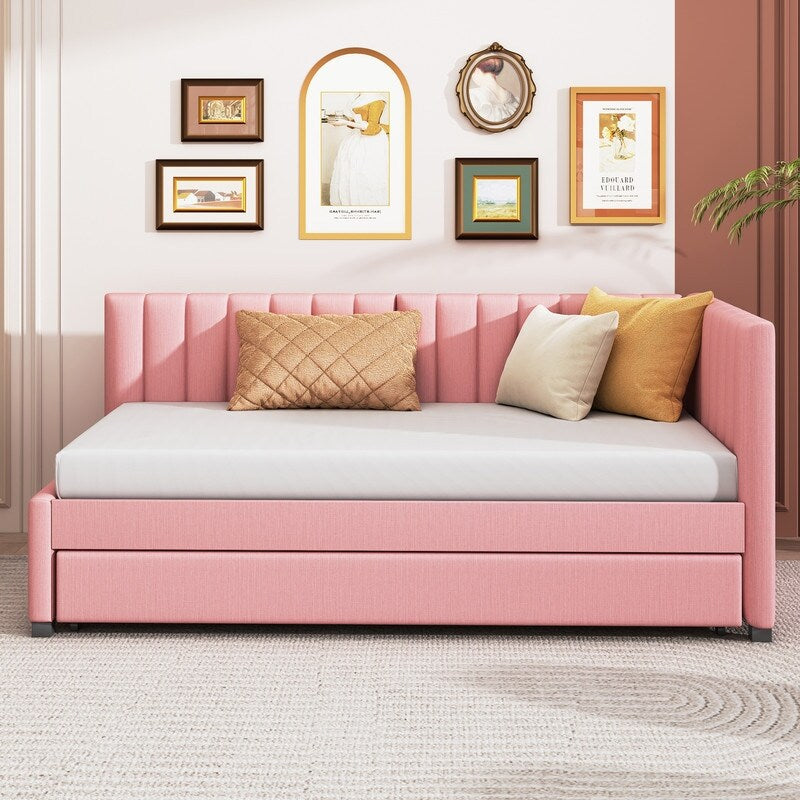 Upholstered Daybed with Trundle Twin Size Sofa Bed Frame No Box Spring Needed, Linen Fabric